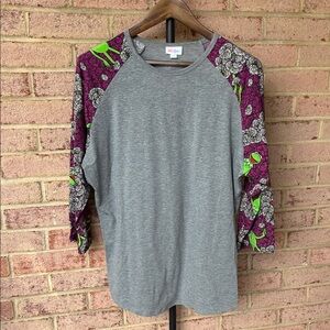 LuLaRoe Kermit Muppets Gray Top with Purple and Green Sleeves